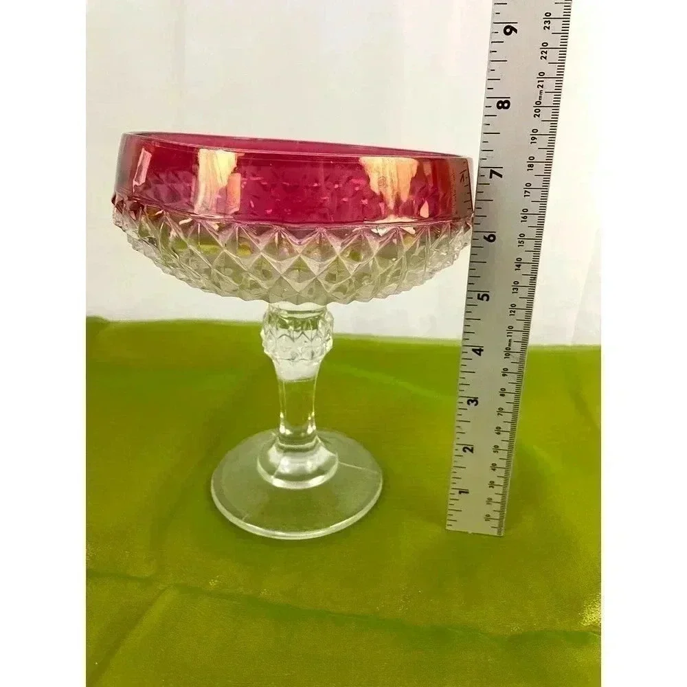 VTG Clear Pressed Indiana Glass Diamond Point Candy‎ Dish Ruby Red 7”